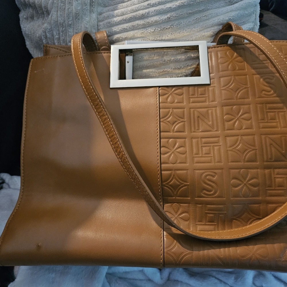 Nickel And Suede Italian Leather Tan Signature Logo Tote Handbag